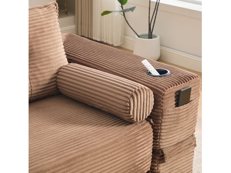  Canapé-lit 3 places 232x98x80 cm avec 3 coussins, poches latérales et porte-gobelet, pour salon, velours côtelé, marron  - Conforama E