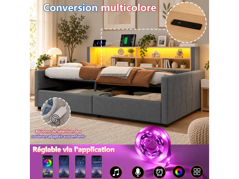  Lit banquette coffre 90 x 200 cm gris, rangement hydraulique, led, prises usb-a et usb-c, sans matelas  - Conforama D