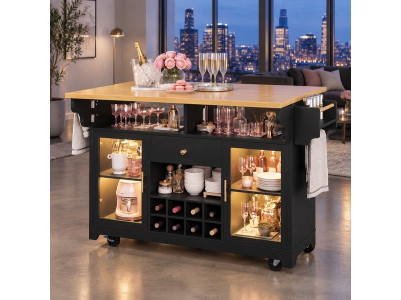 Desserte de cuisine avec plateau rabattable, étagères réglables, range-bouteilles, led et roulettes en mdf noir - Conforama B