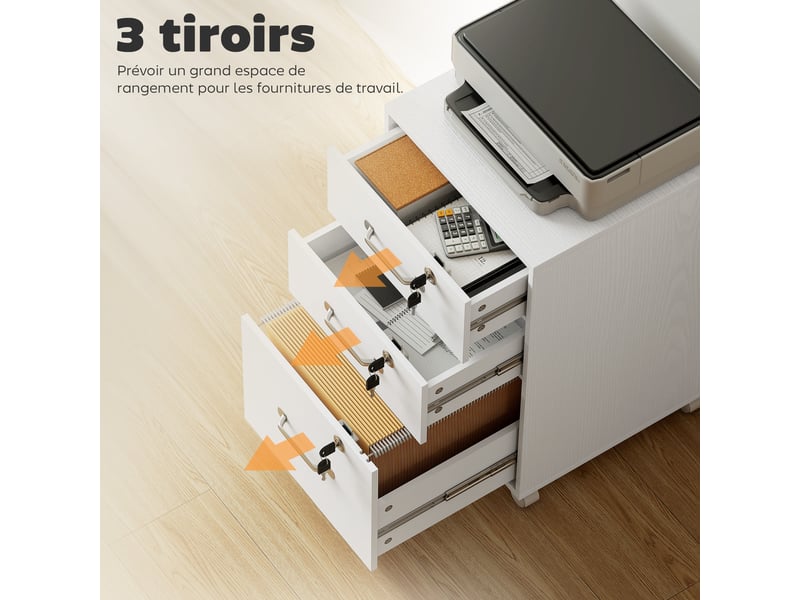  Caisson de bureau 3 tiroirs verrouillables sur roulettes blanc 40 x 40 x 69,5 cm  - Conforama D
