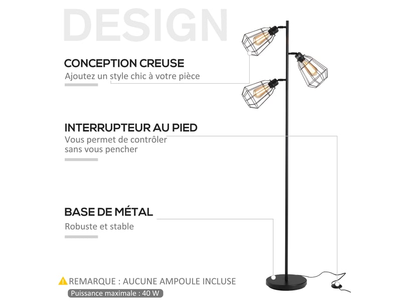  Lampadaire design industriel 3 ampoules max. 40 w abat-jour métal cage noir  - Conforama D
