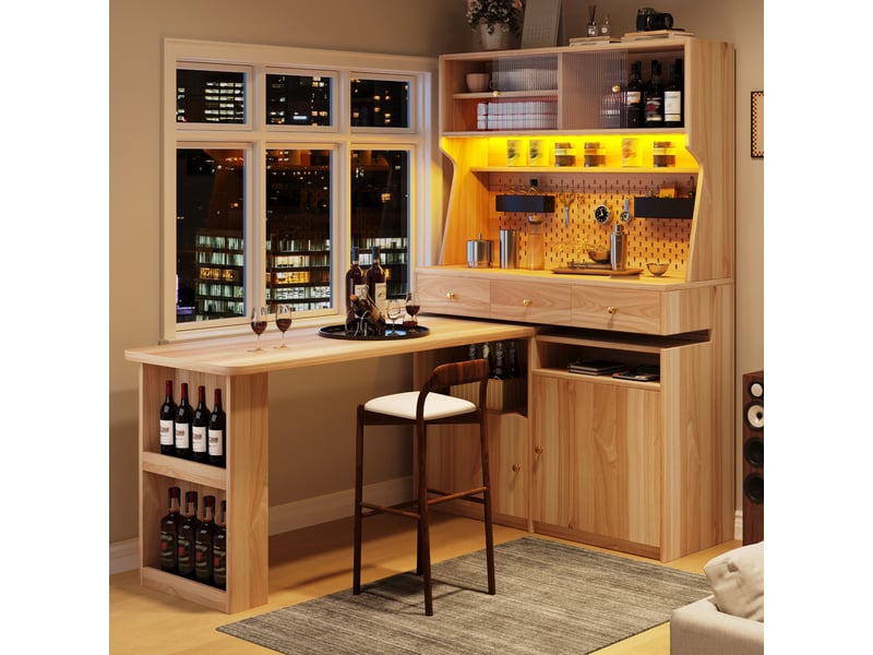  Armoire de cuisine avec bureau et table de bar meuble multifonctionnel led contrôle app portes en verre étagères réglables pegboard bois naturel  - Conforama B