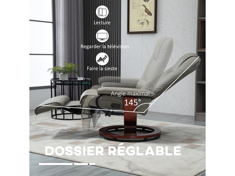  Fauteuil relax inclinable et pivotant en pu et bois gris  - Conforama D
