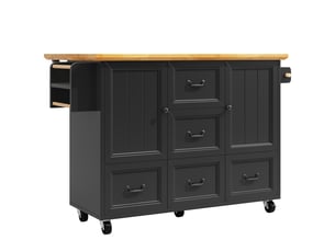 Îlot de cuisine sur roulettes 120 cm noir et blanc, desserte avec plateau pliable, 5 tiroirs, porte-serviettes et étagère à épices
