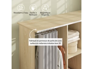 Armoire penderie meuble de rangement mobile 120l x 40l x 128h cm 6 roulettes en bois naturel