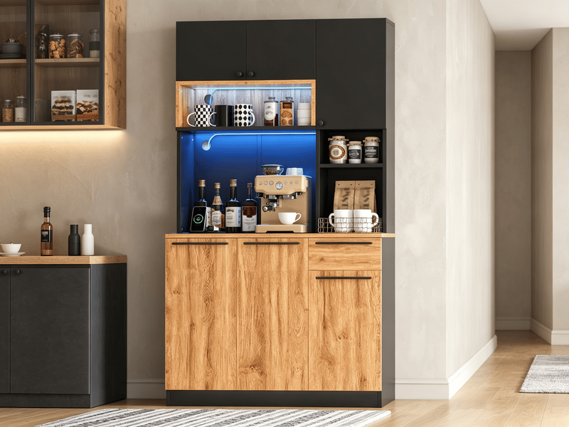  Armoire de cuisine avec éclairage led et prises, 6 portes et 1 tiroir, meuble buffet moderne, 100 × 40 × 180 cm  - Conforama B