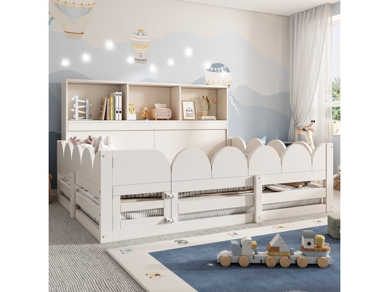  Lit enfant 140x190 cm avec barrière, portillon et étagère, bois, blanc  - Conforama E