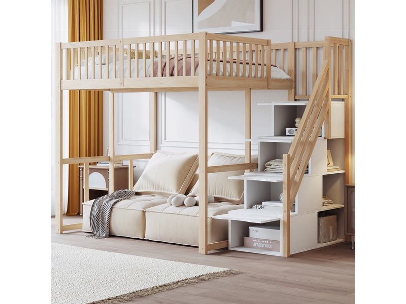  Lit mezzanine 140x200 cm avec échelle de rangement, cadre de lit adulte en pin avec sommier à lattes, lit double, bois naturel  - Conforama A