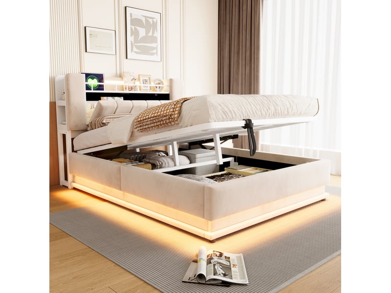  Lit coffre 140 × 200 cm avec led, usb et rangement tête de lit, sommier à lattes en métal beige 220 × 142 × 107 cm  - Conforama E