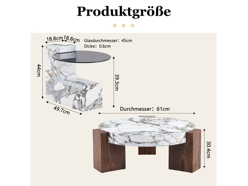  Lot de 2 tables gigognes rondes 61x30.4 cm et 44x44 cm en mdf blanc effet marbre  - Conforama C