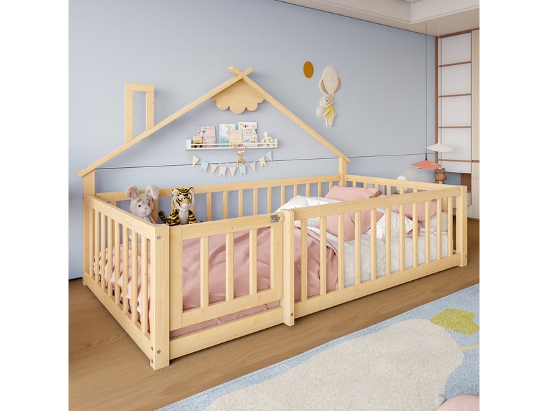 Lit enfant 90x190 cm, forme de maison, garde-corps, sommier, pin naturel, sans matelas - Conforama W