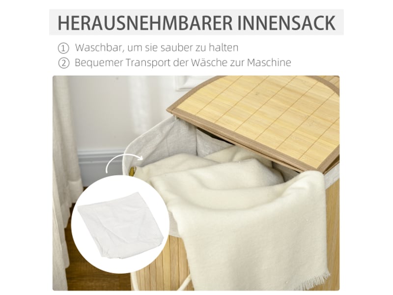 Panier à linge bambou naturel avec couvercle et 2 compartiments, sacs amovibles pour tri du linge - Conforama E