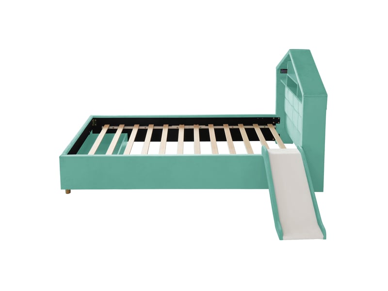Lit enfant 90x200 cm bleu-vert, lit cabane capitonné avec toboggan, montage à gauche ou à droite, éclairage led, port de chargement, étagère de tête de lit et grand coffre de rangement - Conforama E