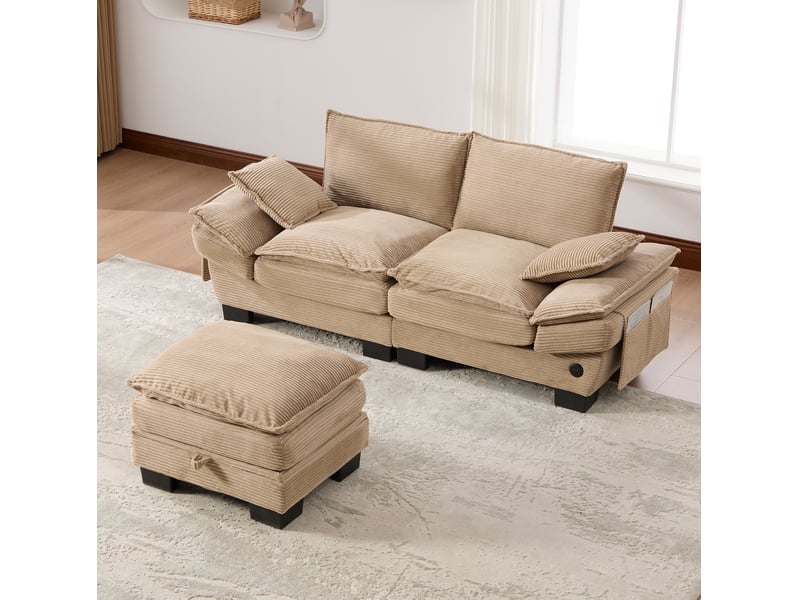 Canapé 2 places modulable en velours côtelé kaki avec pouf de rangement et usb-c - Conforama D