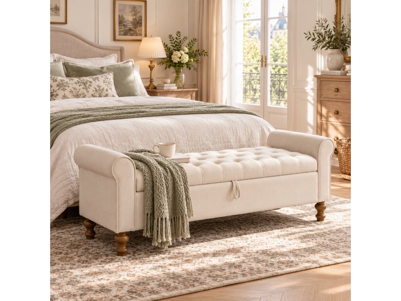  Banquette convertible en velours beige 156 x 46 x 51 cm, 2 couvercles rangement,avec accoudoirs roulés  - Conforama D