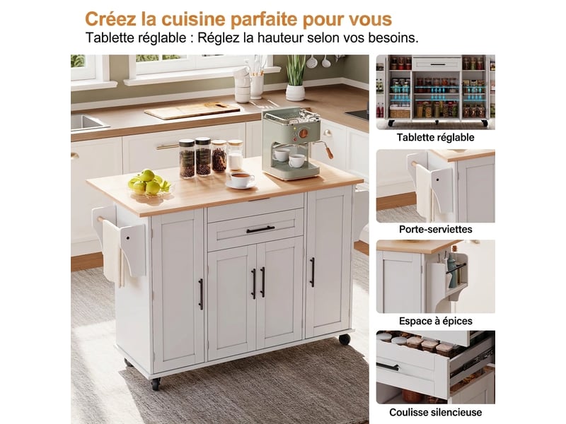  Îlot de cuisine sur roulettes avec plan de travail extensible 136cm  - Conforama B
