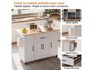 Îlot de cuisine sur roulettes avec plan de travail extensible 136cm