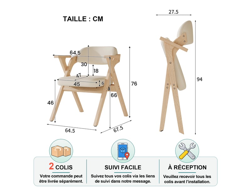  Lot de 4 chaises de salle à manger pliantes en bois massif avec accoudoirs et coussin en lin beige  - Conforama D