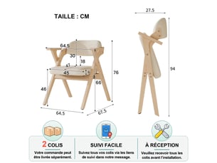Lot de 4 chaises de salle à manger pliantes en bois massif avec accoudoirs et coussin en lin beige
