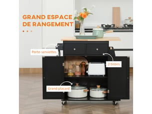 Desserte de cuisine ilôt cuisine avec plan de travail étagère range-bouteilles porte-torchons 2 tiroirs mdf noir hévéa placard 2 portes
