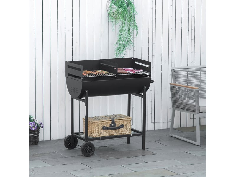  Barbecue en acier avec 2 grilles indépendantes, 2 roues et tablette inférieure | noir | 90 x 45 x 96 cm  - Conforama D