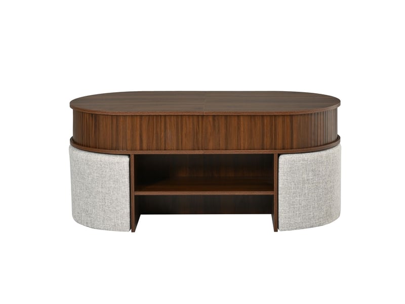 Table basse avec rangement forme ovale revêtement à rainures verticales tabourets en tissu structure en panneaux de particules et mdf poignées en métal portes coulissantes en façade  - Conforama A