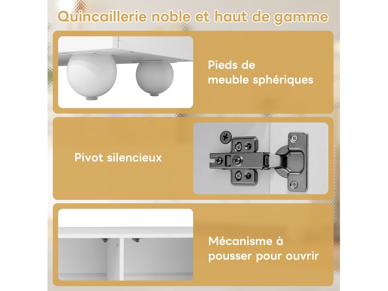  Meuble tv 180,5x38x50 cm, portes à relief rond 3d, rangement compartimenté, mdf et panneau de particules, blanc mat  - Conforama E