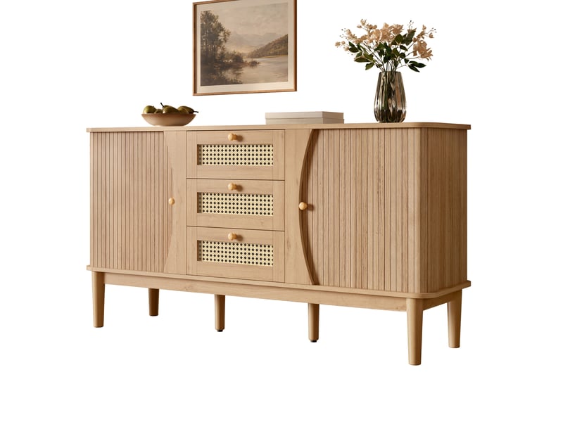  Buffet de rangement 141x40x77 cm, façades en rotin, portes coulissantes, 3 tiroirs pour salon et salle à manger - naturel GL1745O-1 - Conforama A