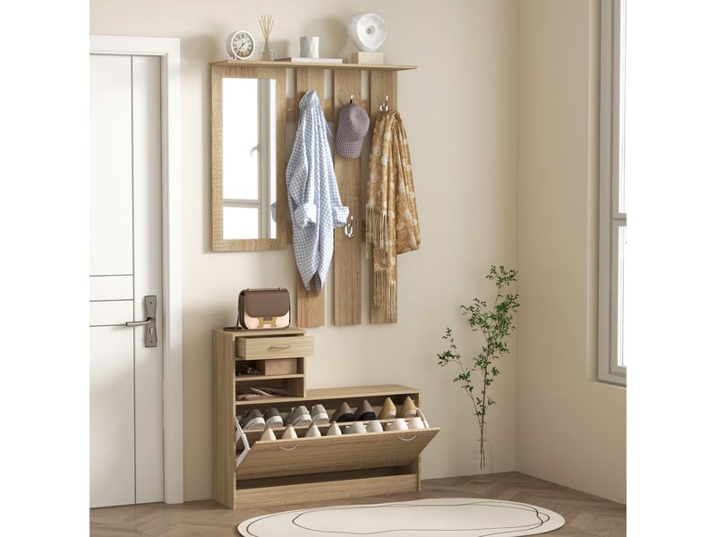  Meuble d'entrée vestiaire panneau porte-manteau, miroir et banc à chaussures - 6 crochets effet bois naturel 90x10x91cm  - Conforama W