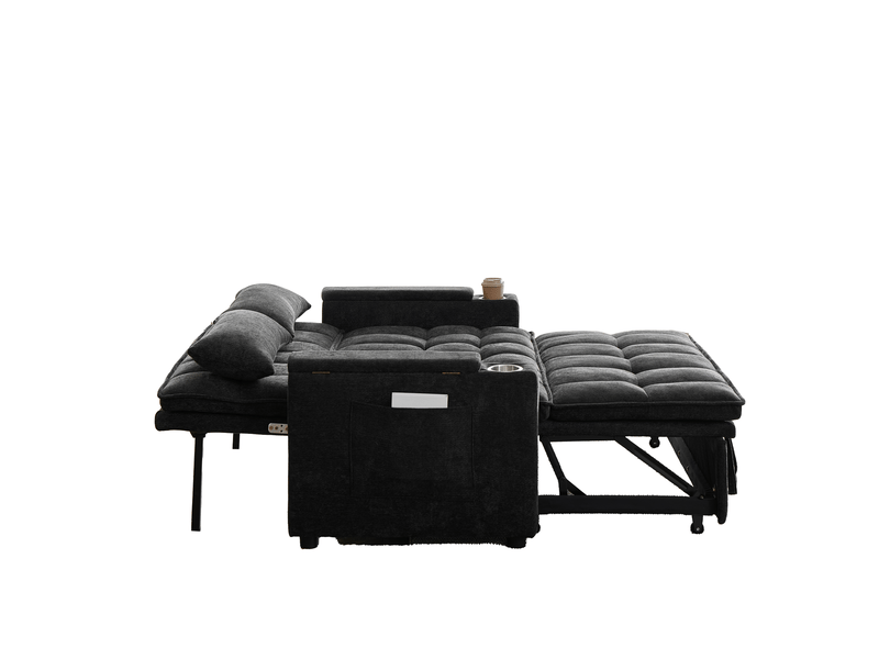 Canapé-lit 3-en-1 142 x 89 x 89 cm – noir – rangements d'accoudoirs, poches et 2 porte-gobelets - Conforama D