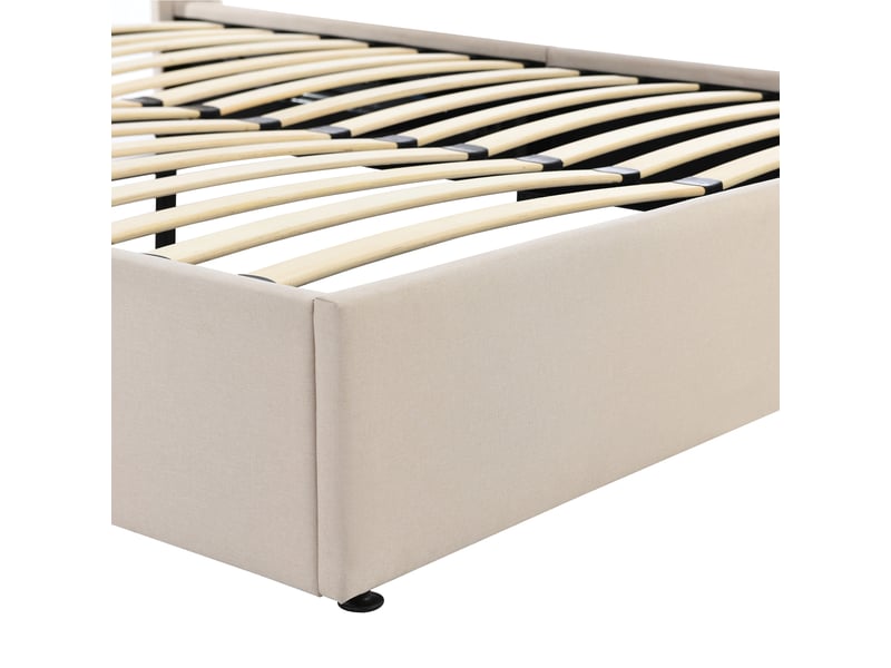  Lit coffre adulte 140x200 cm, lit double avec rangement, tête de lit et sommier, lin beige, matelas inclus  - Conforama D