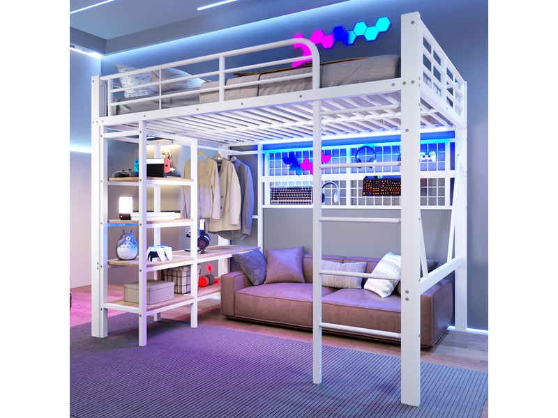  Lit mezzanine 140 x 200 cm, structure métal, led, bureau, étagères, panneau perforé, usb, sans matelas, blanc  - Conforama C