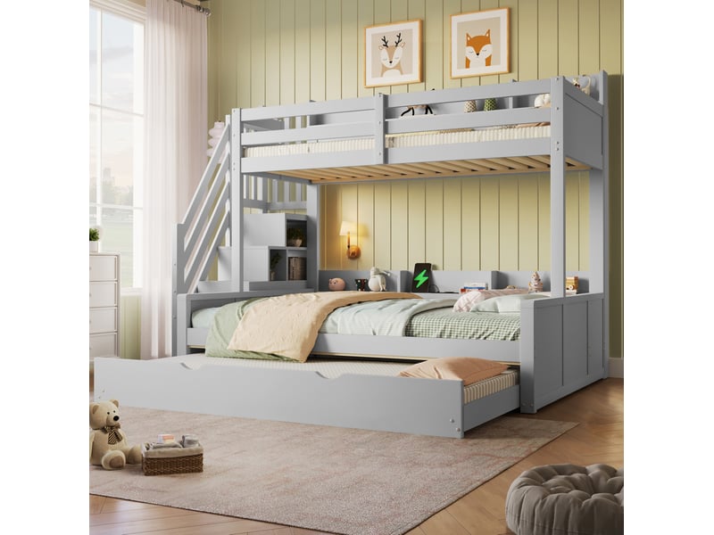  Lit superposé 3 places 90 × 200 cm et 140 × 200 cm, gigogne 90 × 190 cm, rangements, usb, sans matelas, gris  - Conforama C