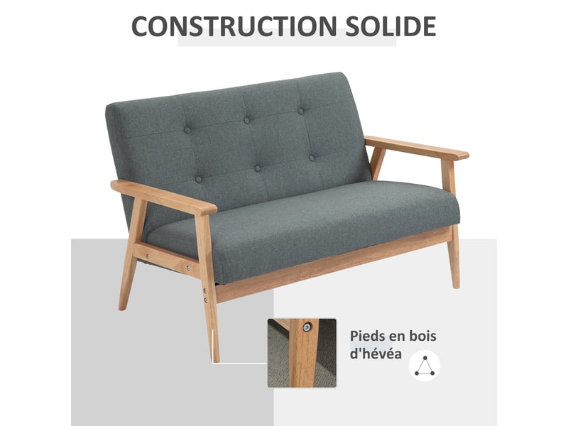  Canapé 2 places style scandinave avec accoudoirs, pieds en bois, gris, 115l x 66,5p x 73h cm  - Conforama E