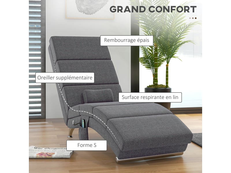  Fauteuil relax salon fauteuil de massage et chauffage meridienne avec télécommande et oreiller, gris, tissu effet lin  - Conforama E