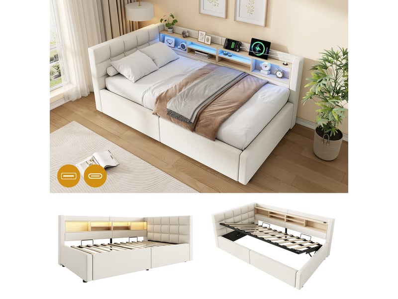  Lit superposé 90x200 cm, lit enfant, couchage d'appoint, rangement hydraulique, étagères, led, port usb, lin beige  - Conforama A
