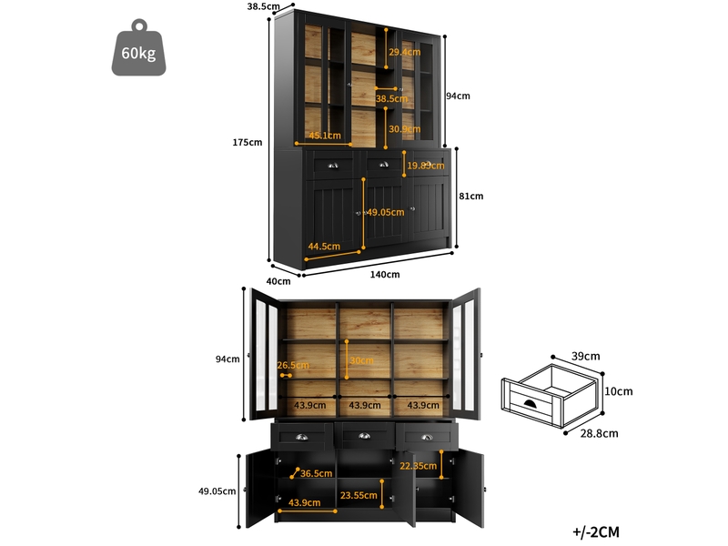  Buffet haut noir, 140x38,5x175 cm, mdf et acrylique, portes coulissantes, tiroirs et étagères réglables pour la cuisine  - Conforama B