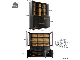 Buffet haut noir, 140x38,5x175 cm, mdf et acrylique, portes coulissantes, tiroirs et étagères réglables pour la cuisine