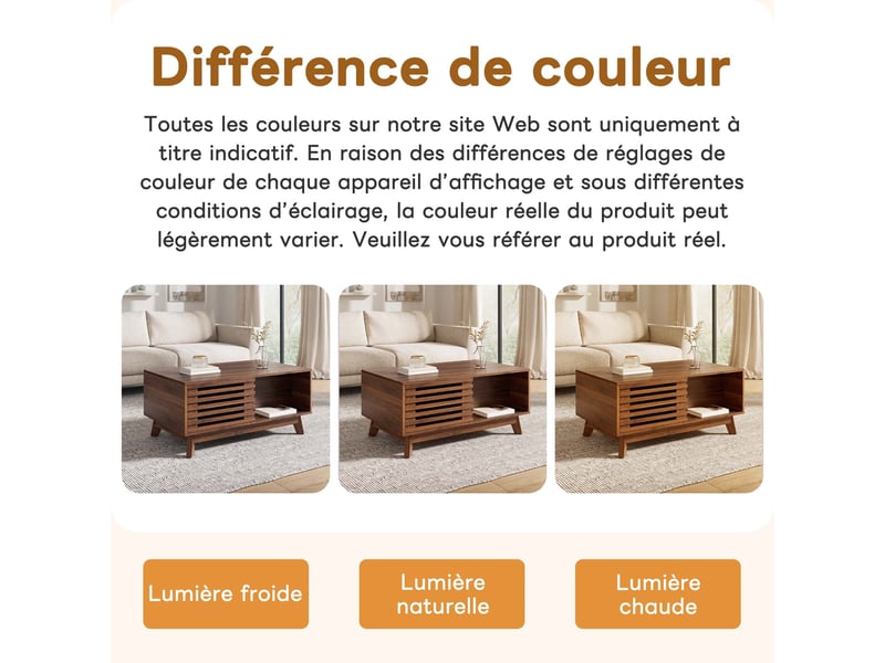  Table basse noyer, rangement, étagères réglables, plan relevable, design moderne, structure robuste - mdf - 90x55x57.5cm - salon  - Conforama B