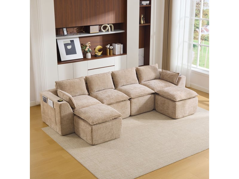 Canapé modulable 2 repose-pieds coussins inclus porte-gobelets 2 pochettes latérales noyau mousse-ressorts rebond rapide tissu chenille kaki - Conforama B