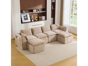 Canapé modulable 2 repose-pieds coussins inclus porte-gobelets 2 pochettes latérales noyau mousse-ressorts rebond rapide tissu chenille kaki
