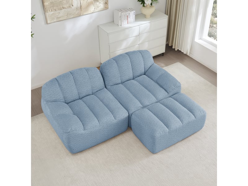  Canapé d’angle coquille 2 places avec pouf bleu – 210 x 165 x 79 cm Fay Lum - Conforama D