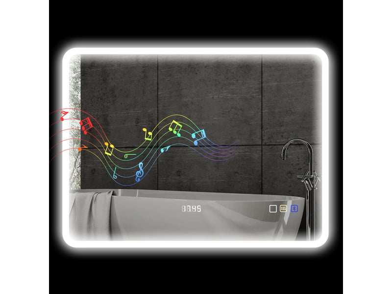 Miroir de salle de bain avec éclairage led 80x60 cm, bluetooth, 3 couleurs d'éclairage, fonction antibuée, fonction mémoire, ip44 - Conforama B