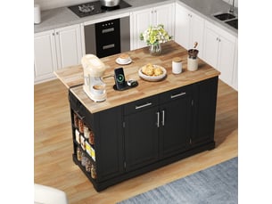 Ilot central de cuisine - 138x86x92cm - desserte de cuisine avec plateau bois naturel, prises, roulettes et poubelle - noir et bois
