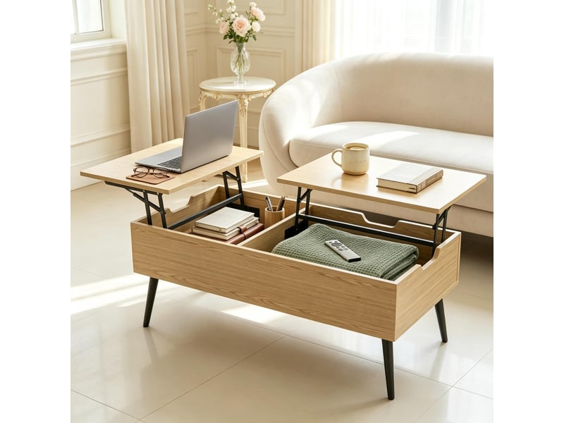 Table basse relevable multifonctionnelle avec rangement caché, table de salon bois et métal 100x50 cm - Conforama E