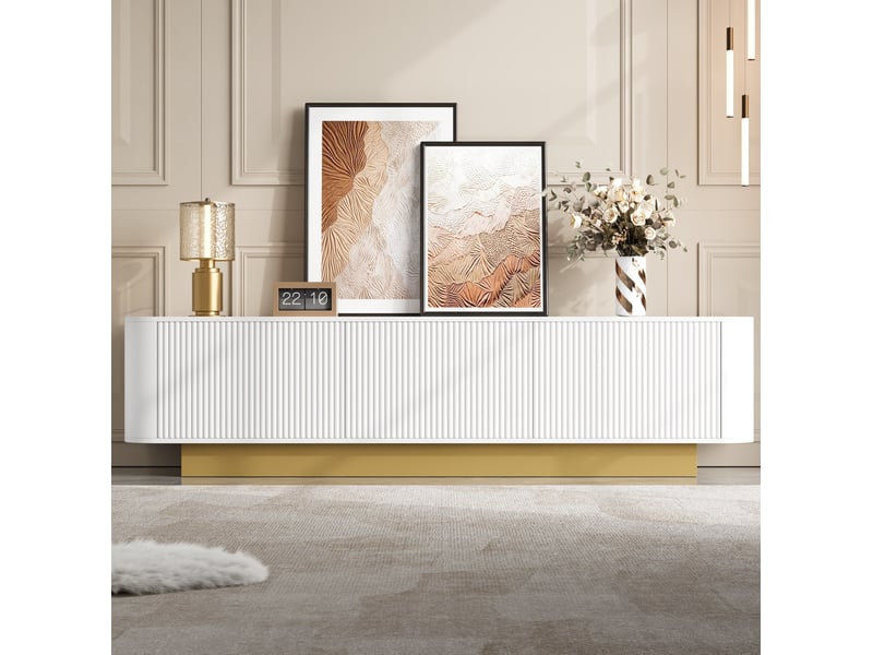  Meuble tv bas 170 x 40,5 x 47 cm, 3 portes, passe-câbles, blanc et doré  - Conforama D