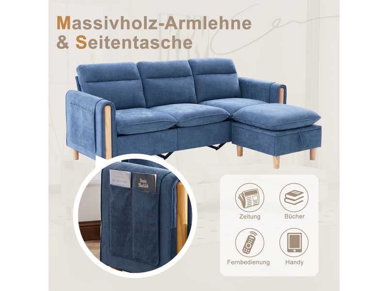  Canapé 3 places style nordique en l avec pouf à rangement, pochettes latérales, pieds en bois, chenille bleu  - Conforama E