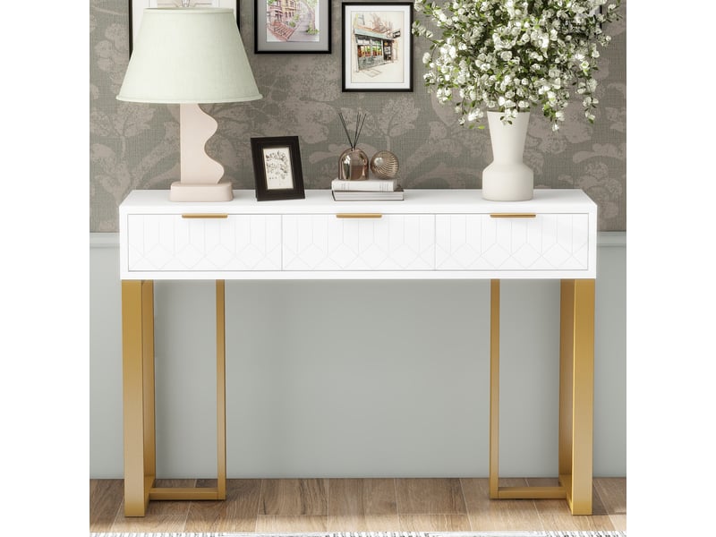  Table console moderne avec 3 tiroirs,repose-pieds réglables,poignées et cadre dorés,blanc+doré console bicolore - Conforama B