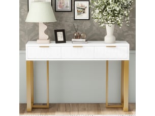 Table console moderne avec 3 tiroirs,repose-pieds réglables,poignées et cadre dorés,blanc+doré