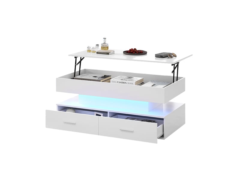 Table basse relevable avec 2 tiroirs, 1 niche et éclairage led piloté par application, pour salon, blanc, 100 × 50 × 44 cm - Conforama A